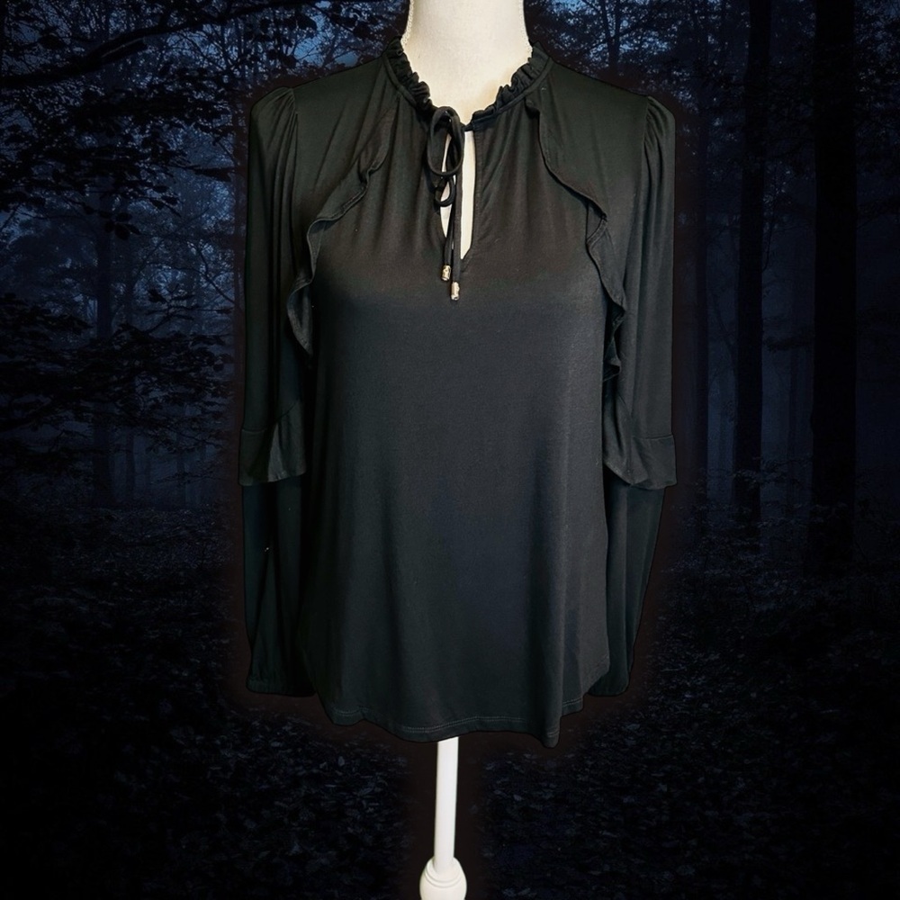 NWOT Lauren Ralph Lauren ‘Women’s Ruffle Trim Long Sleeve Top’ in Black Size S